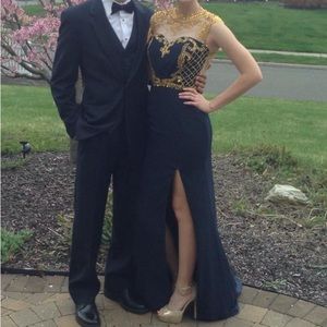 Navy Blue with Gold Sequins, High-Neck, Formal Prom Gown with slit. SIZE 0